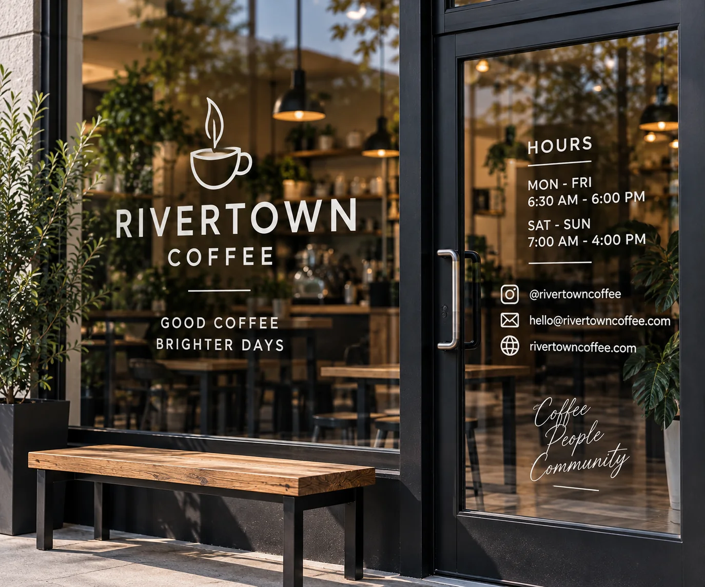 Coffee shop storefront vinyl lettering example