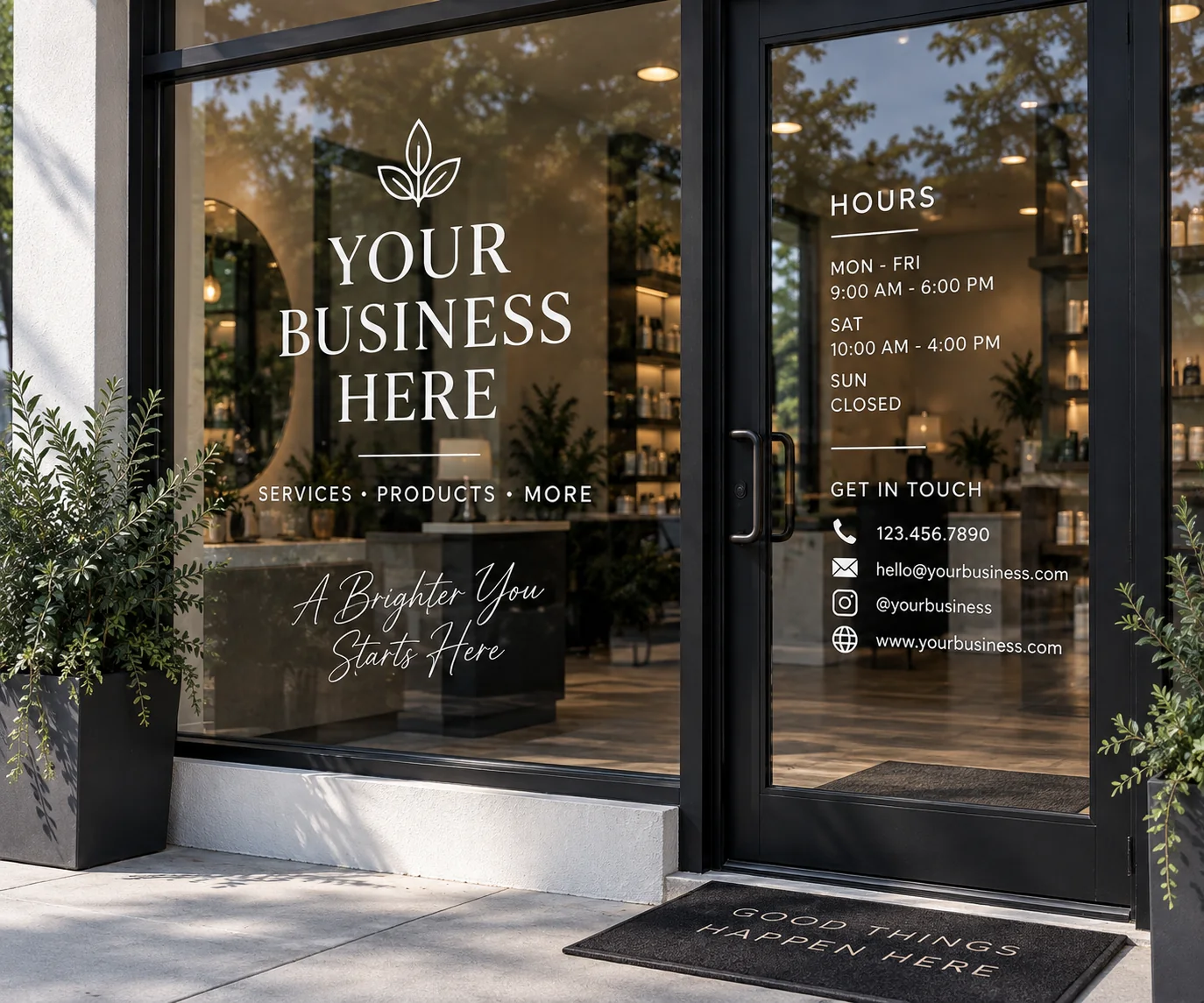 Example storefront window lettering and business hours decals
